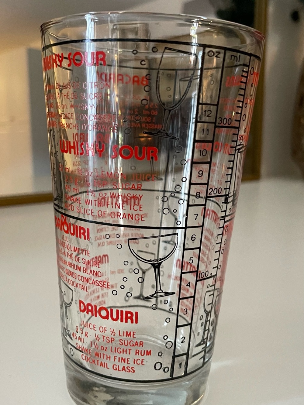 Clear Glass Cocktail Mixing/Measuring Glass with Red and Black Recipe Print